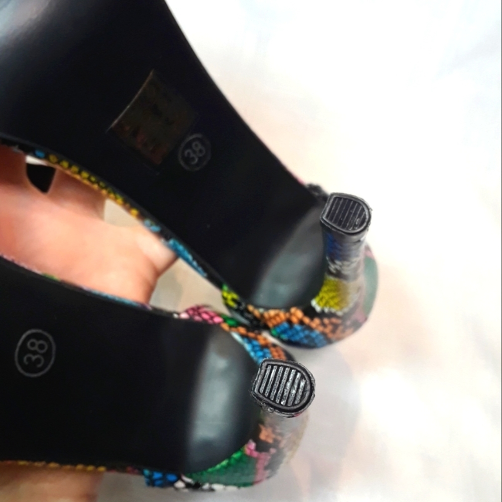 Heels Open Toe Women Shoes Rainbow Faux Snakeskin Strap Fashion Shoes Size 38 - Picture 9 of 10